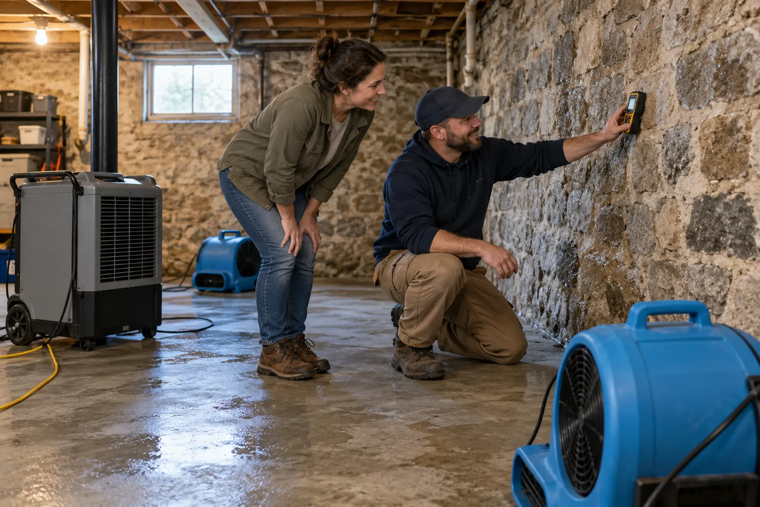 Homeowner and a friendly provider checking a dried basement with a moisture meter in the Lehigh Valley area