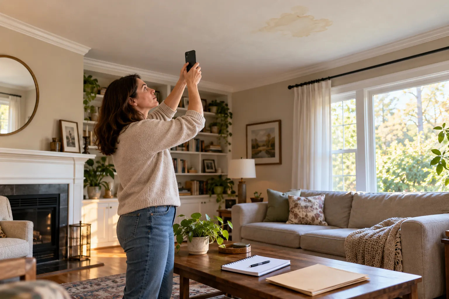 A homeowner photographing water damage on a ceiling to prepare for an estimate