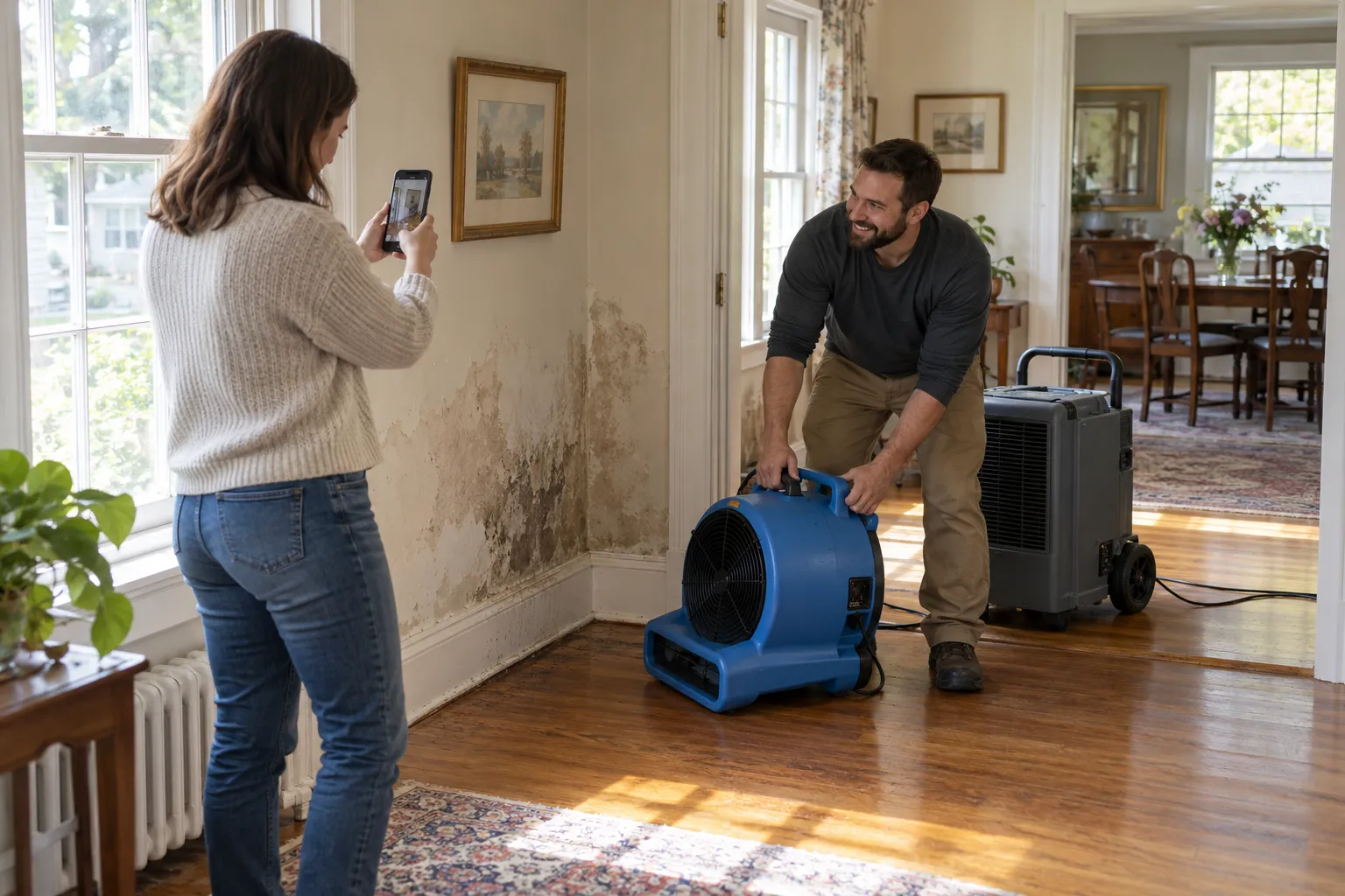 A homeowner and a restoration provider reviewing a wet living room together in a home in Allentown
